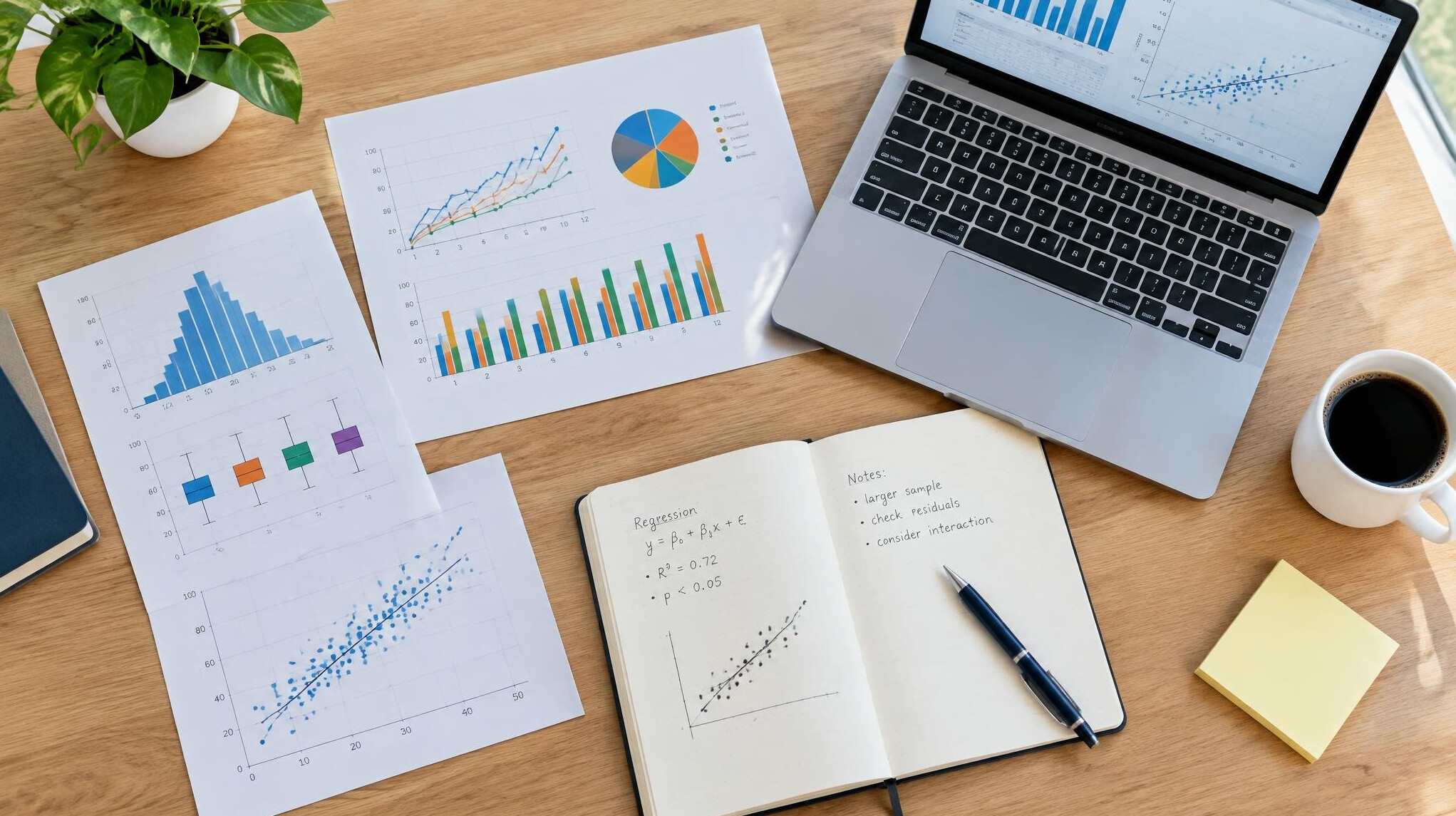 Desk with printed charts, laptop and notes during data analysis
