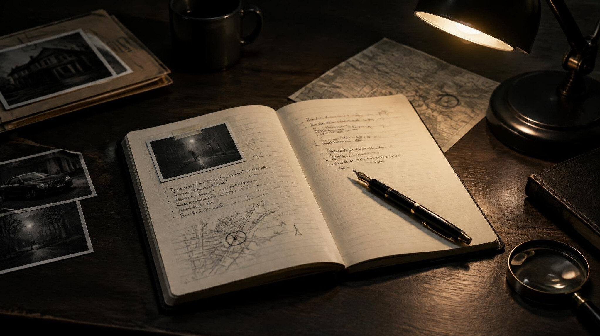 Handwritten notes in a notebook with a pen on a desk