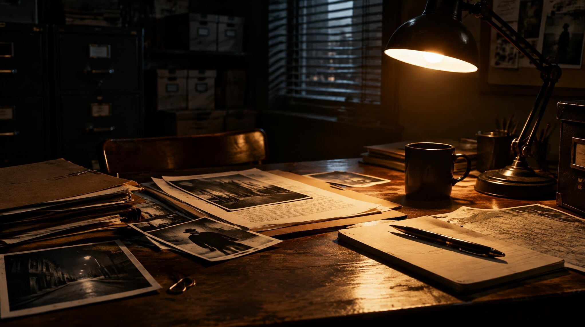 Desk with paper documents and a pen under warm light