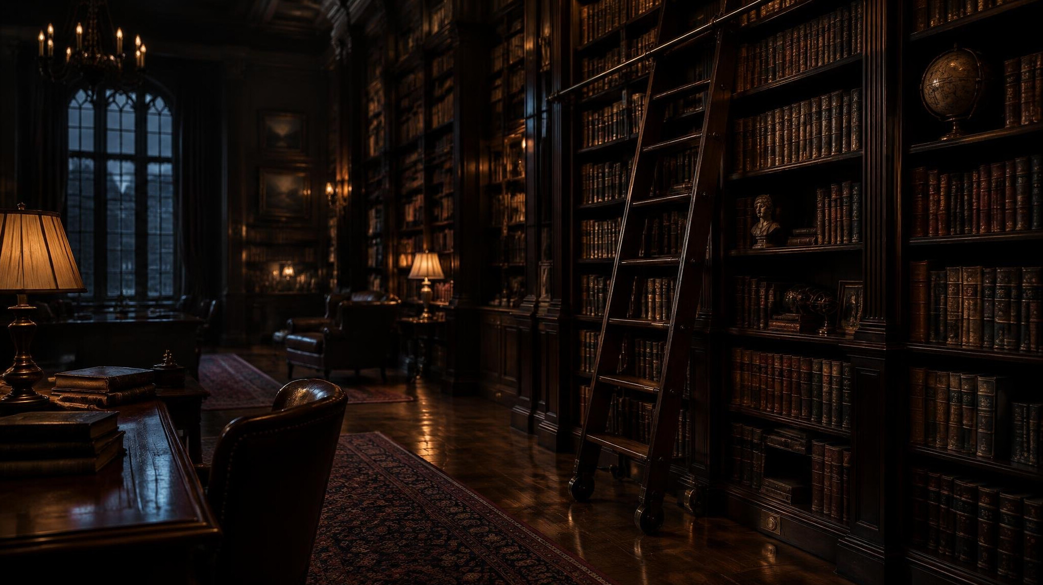 Dimly lit old library with tall wooden shelves and a ladder