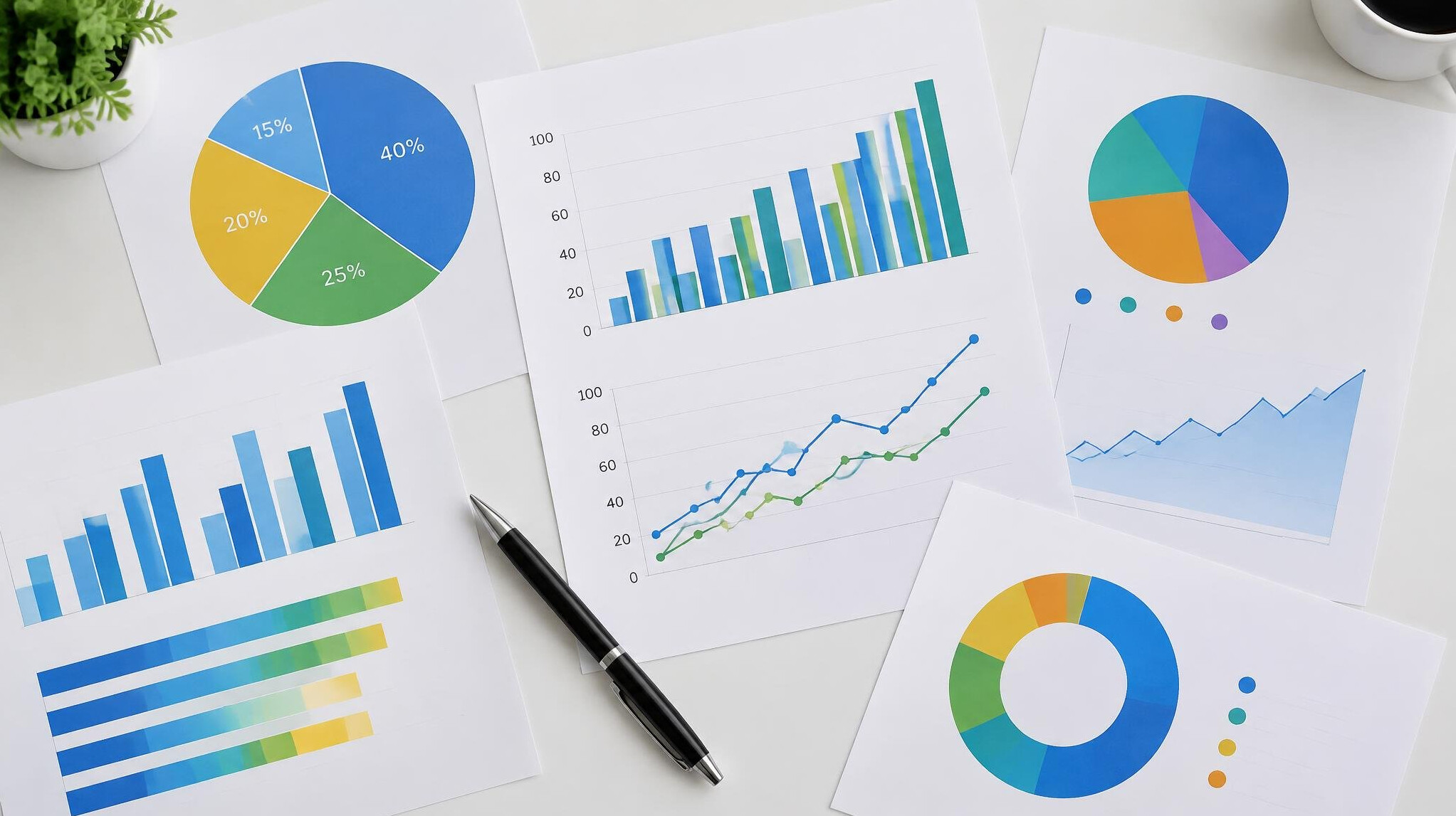 Printed charts and graphs spread out on a table
